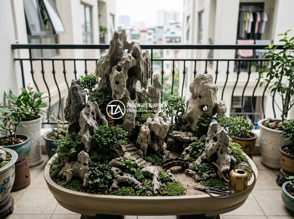 Checklist 10 bước thi công tiểu cảnh ban công chuyên nghiệp cho người mới - Final touches and polishing of complete professional miniature garden on apartme