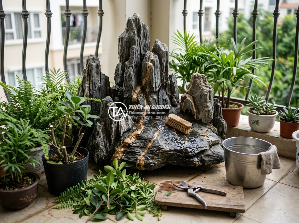 Checklist 10 bước thi công tiểu cảnh ban công chuyên nghiệp cho người mới - Maintenance routine showing cleaning of natural stones and pruning plants in bal