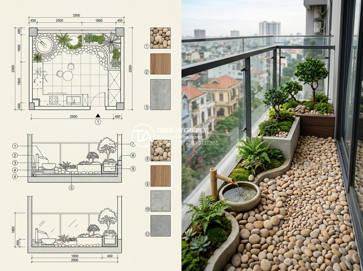 Checklist 10 bước thi công tiểu cảnh ban công chuyên nghiệp cho người mới - Professional architectural blueprint and 3D rendering of a modern balcony miniat