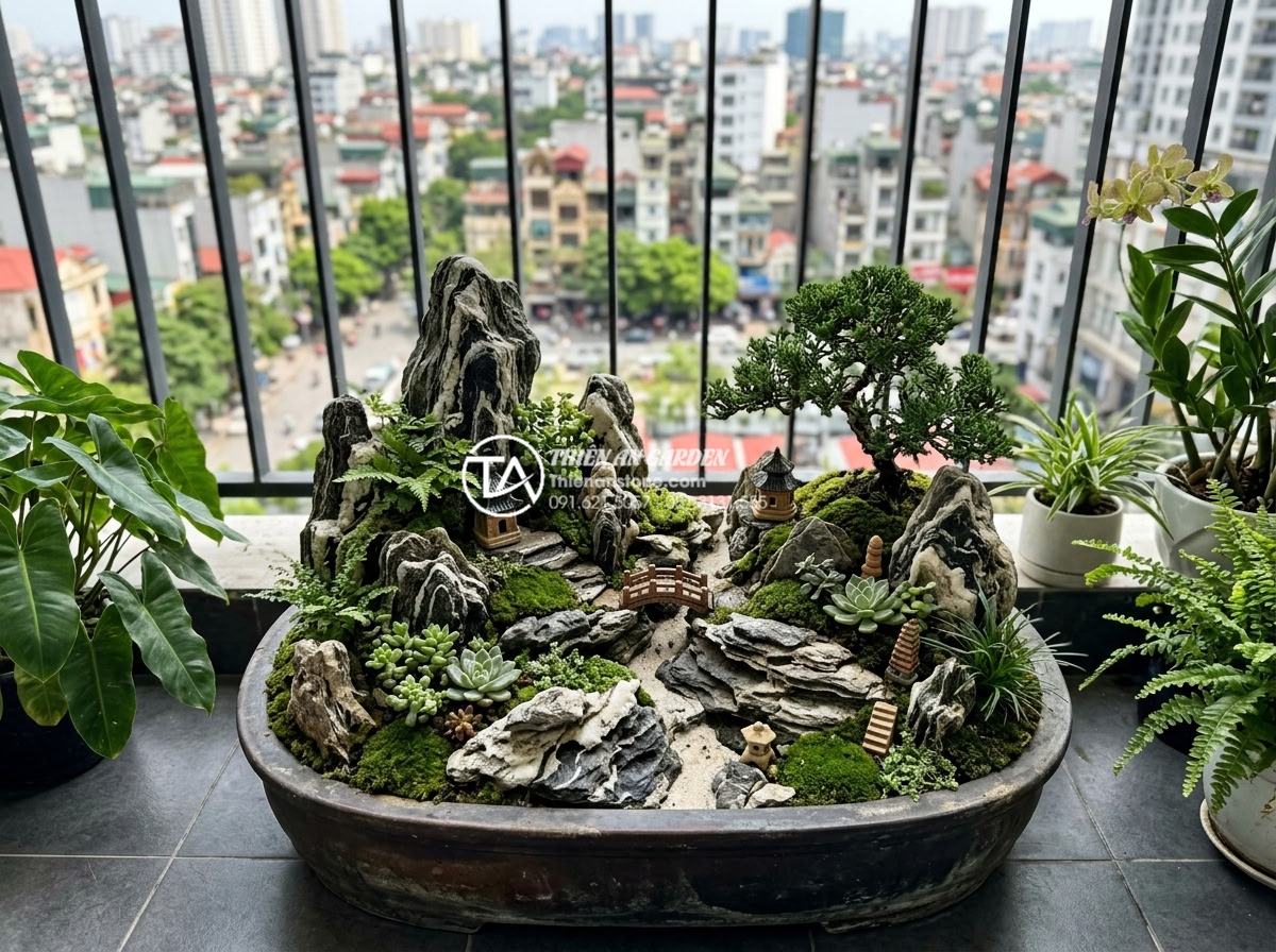 Checklist 10 bước thi công tiểu cảnh ban công chuyên nghiệp cho người mới - Long-term view of well-maintained durable miniature stone garden on modern balco