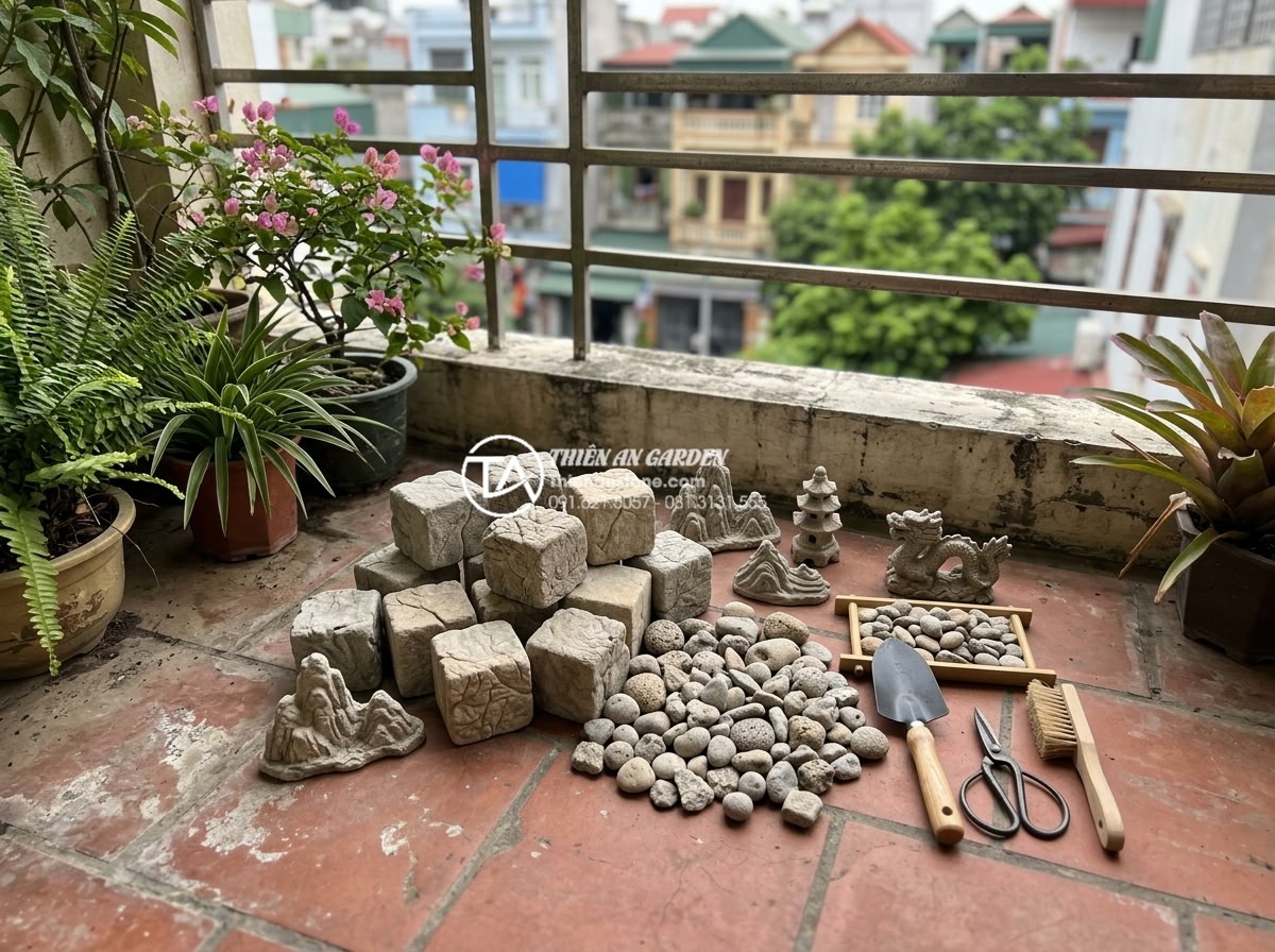 Checklist 10 bước thi công tiểu cảnh ban công chuyên nghiệp cho người mới - High-quality natural stones including granite blocks, carved decorative stones, 