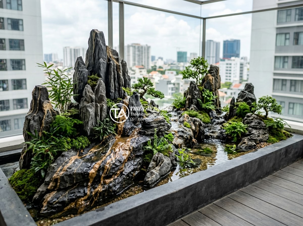 Checklist 10 bước thi công tiểu cảnh ban công chuyên nghiệp cho người mới - Creative 3D design layout of a professional balcony miniature landscape featurin