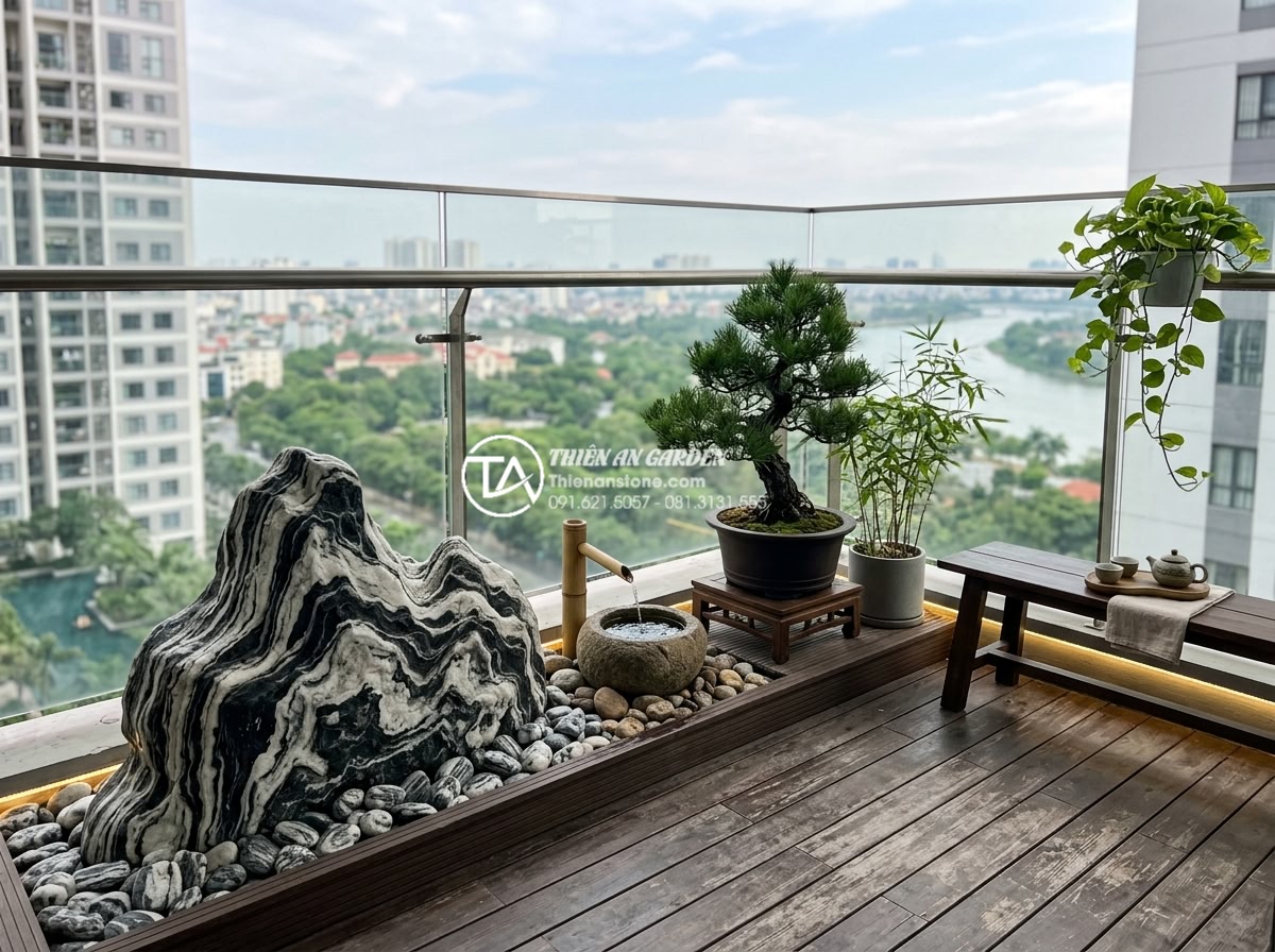 Checklist 10 bước thi công tiểu cảnh ban công chuyên nghiệp cho người mới - Modern balcony design sketch incorporating Feng Shui principles with natural car