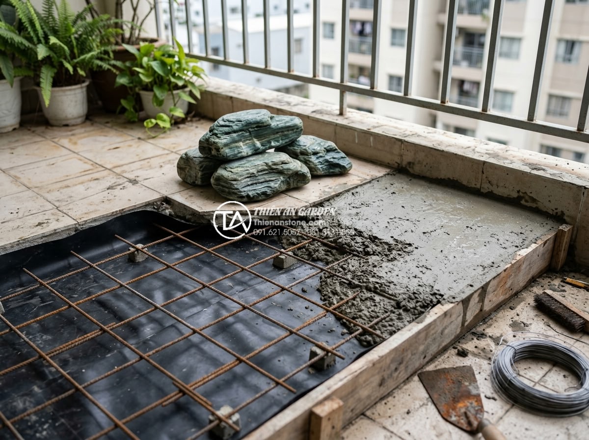 Checklist 10 bước thi công tiểu cảnh ban công chuyên nghiệp cho người mới - Construction process of reinforced concrete foundation base for balcony rockery 