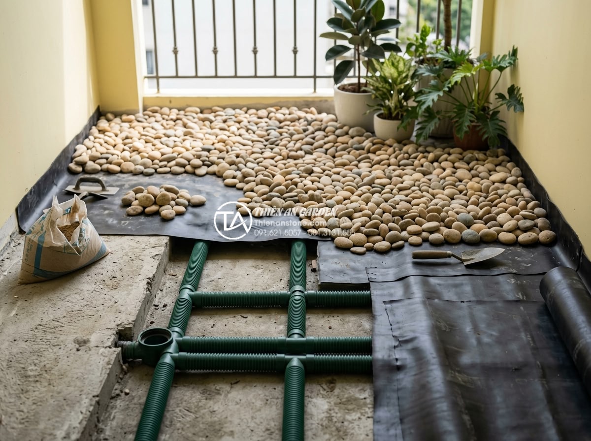 Checklist 10 bước thi công tiểu cảnh ban công chuyên nghiệp cho người mới - Installation of underground drainage pipes and waterproofing system beneath natu
