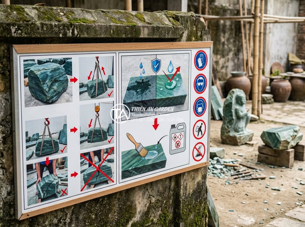 Checklist vật tư cần chuẩn bị trước khi làm tiểu cảnh đá mỹ nghệ gầm cầu thang - Technical diagrams and warning labels for proper material handling and waterproo