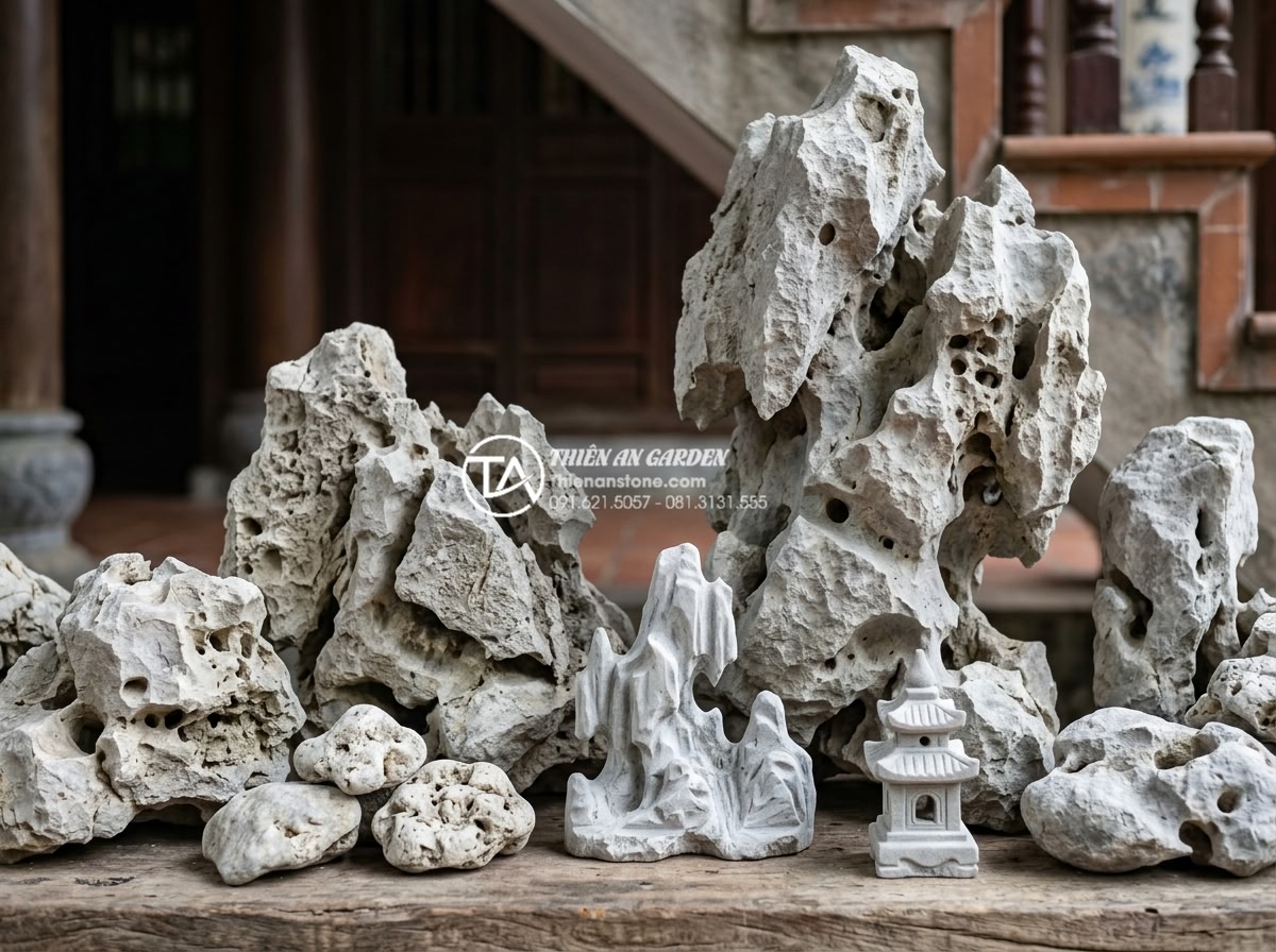 Checklist vật tư cần chuẩn bị trước khi làm tiểu cảnh đá mỹ nghệ gầm cầu thang - Assortment of polished and raw natural stones with texture close-ups suitable fo