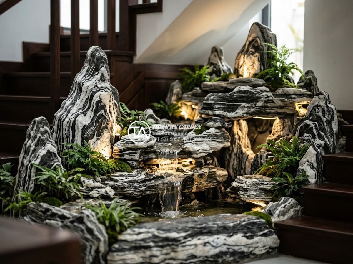 Checklist vật tư cần chuẩn bị trước khi làm tiểu cảnh đá mỹ nghệ gầm cầu thang - Assembled decorative accessories including water pumps, lighting fixtures, and s