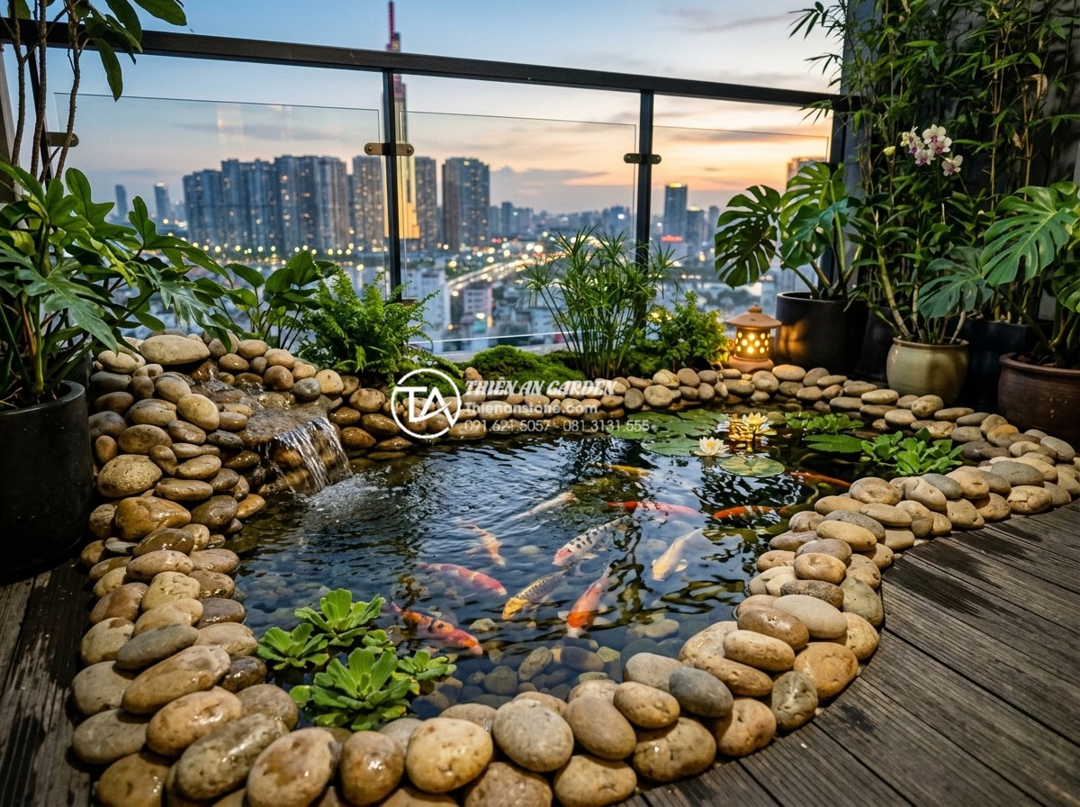 Có nên làm hồ cá Koi mini trên ban công chung cư không? - Hình 1 Có nên làm hồ cá Koi mini trên ban công chung cư không? - A serene mini Koi pond on a modern apartment balcony featuring natural stone edg