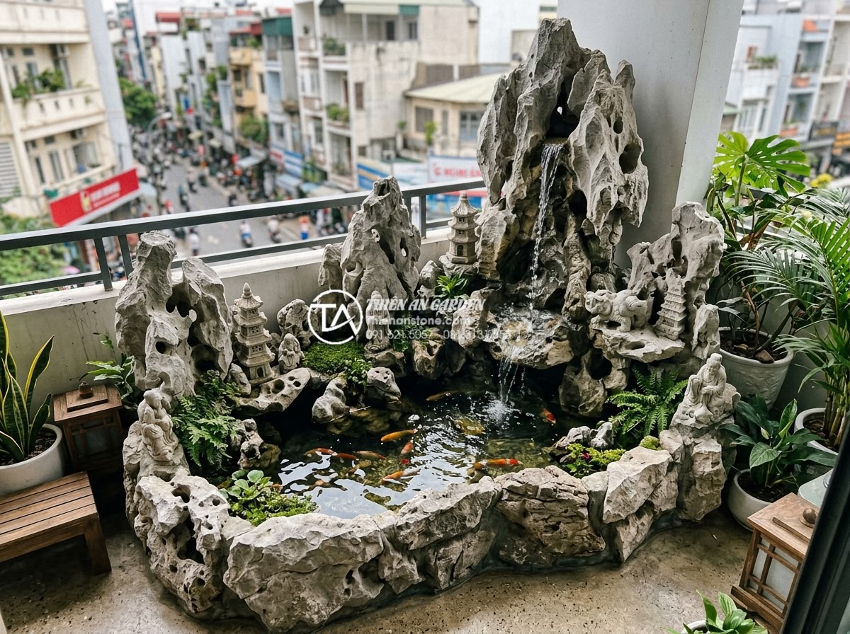 Có nên làm hồ cá Koi mini trên ban công chung cư không? - Hình 10 Có nên làm hồ cá Koi mini trên ban công chung cư không? - Artistic carved stone sculptures integrated into mini Koi fish pond design with