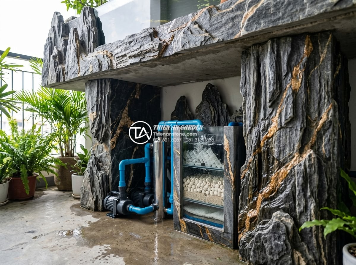 Có nên làm hồ cá Koi mini trên ban công chung cư không? - Hình 11 Có nên làm hồ cá Koi mini trên ban công chung cư không? - Advanced bio filtration system installed underneath a balcony Koi pond showing p