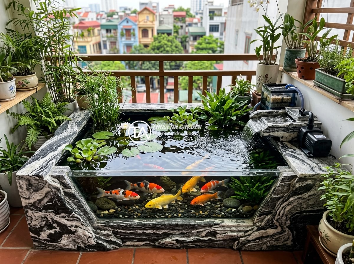 Có nên làm hồ cá Koi mini trên ban công chung cư không? - Hình 12 Có nên làm hồ cá Koi mini trên ban công chung cư không? - Clean and clear water in a well-maintained mini Koi pond on balcony with visible