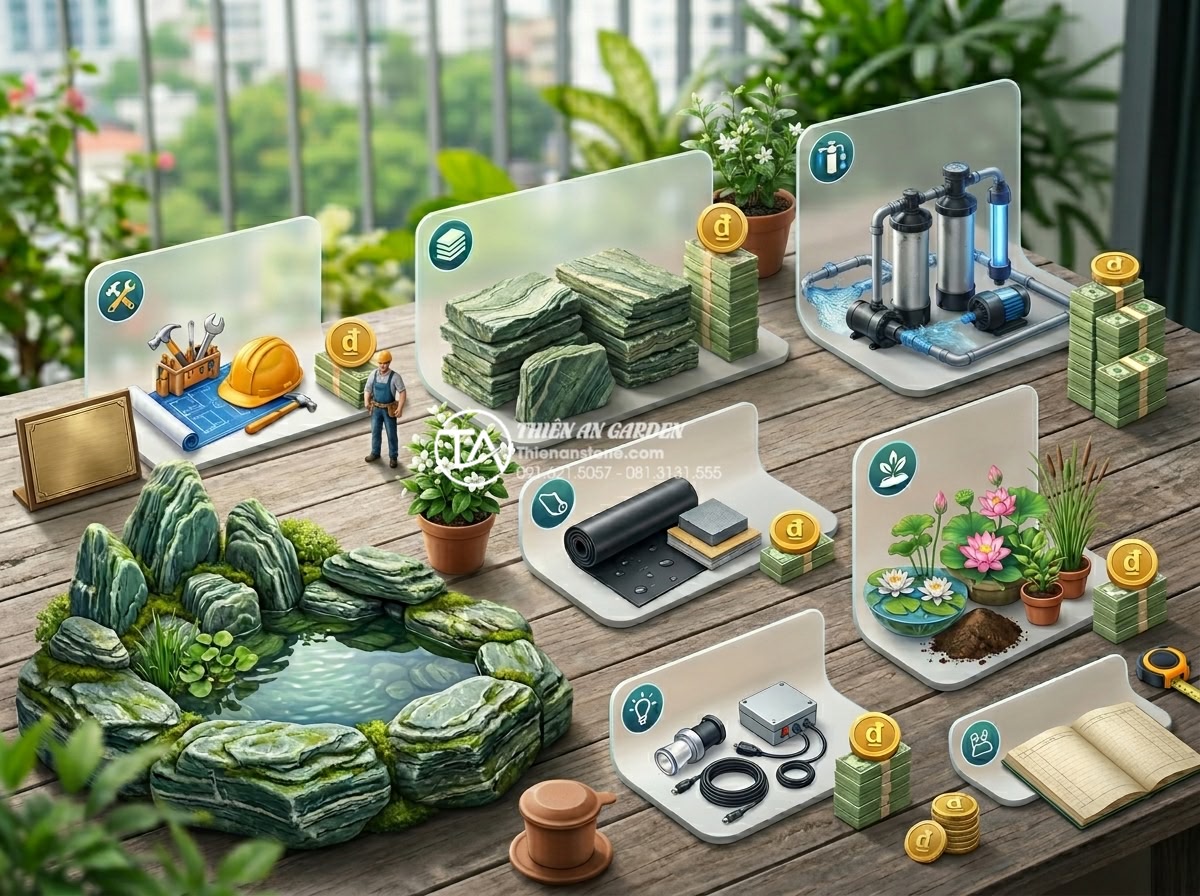 Có nên làm hồ cá Koi mini trên ban công chung cư không? - Hình 13 Có nên làm hồ cá Koi mini trên ban công chung cư không? - Cost breakdown infographic for mini balcony Koi pond construction using natural