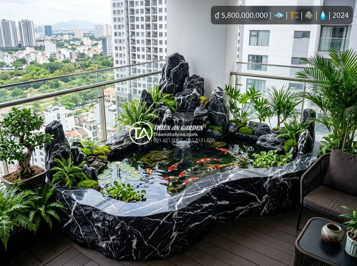 Có nên làm hồ cá Koi mini trên ban công chung cư không? - Hình 14 Có nên làm hồ cá Koi mini trên ban công chung cư không? - Luxury completed Koi pond project on high-end apartment balcony with natural sto