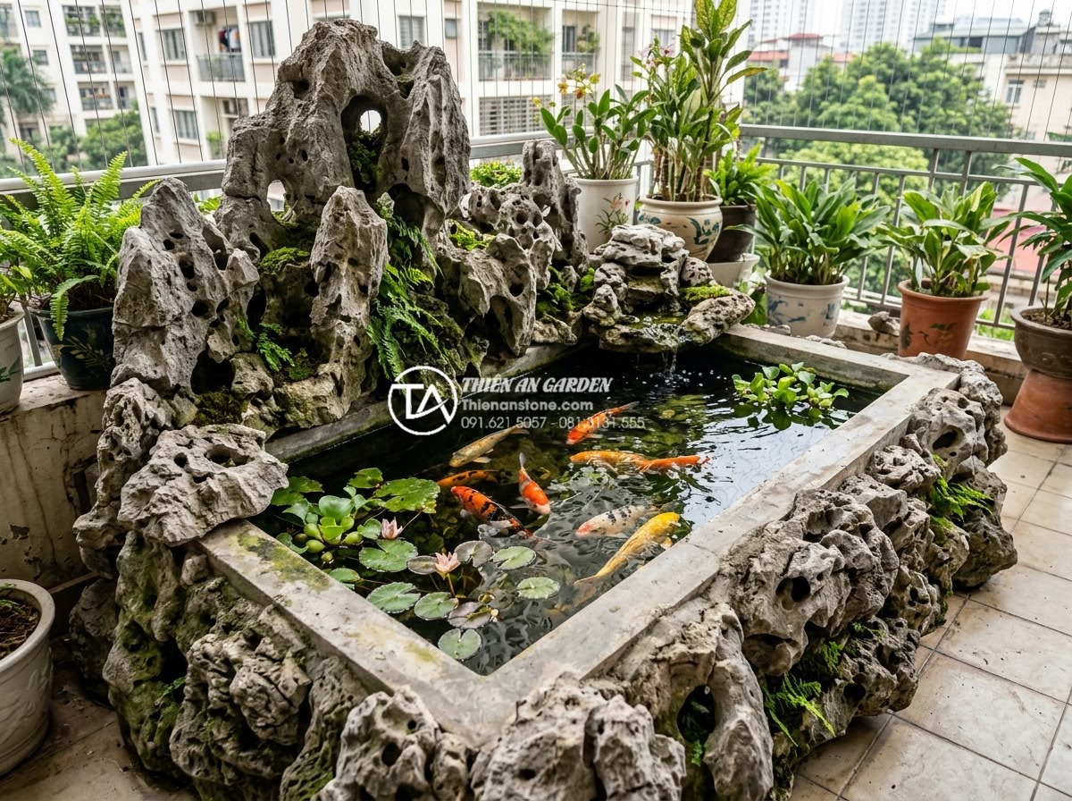 Có nên làm hồ cá Koi mini trên ban công chung cư không? - Hình 17 Có nên làm hồ cá Koi mini trên ban công chung cư không? - Real customer photo of successful mini Koi pond on apartment balcony after 2 yea