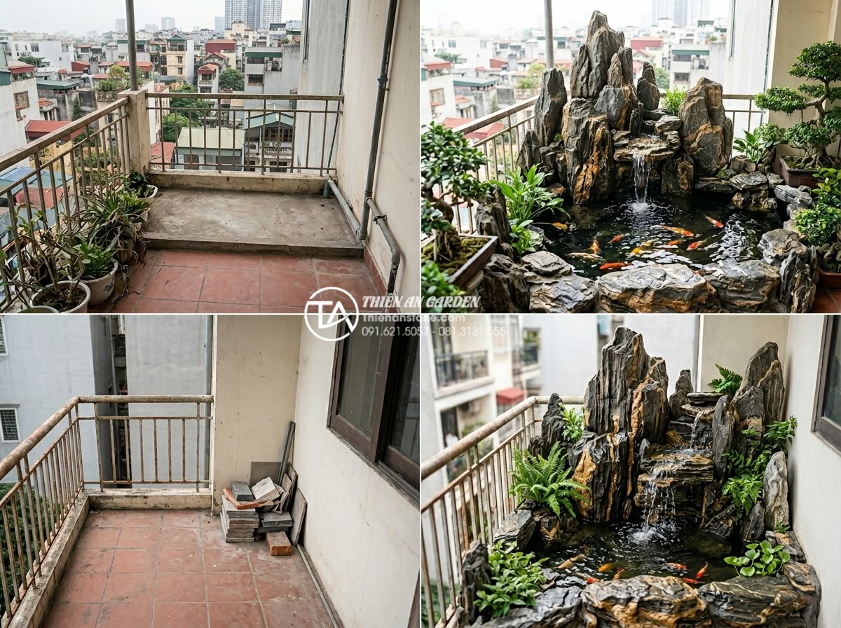 Có nên làm hồ cá Koi mini trên ban công chung cư không? - Hình 18 Có nên làm hồ cá Koi mini trên ban công chung cư không? - Collection of before and after photos from multiple completed balcony Koi pond p