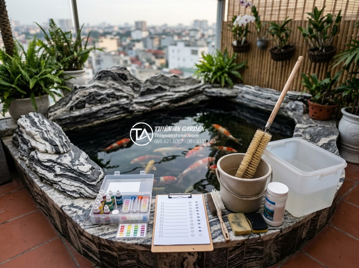 Có nên làm hồ cá Koi mini trên ban công chung cư không? - Hình 19 Có nên làm hồ cá Koi mini trên ban công chung cư không? - Maintenance checklist and tools for long-term care of balcony Koi pond including