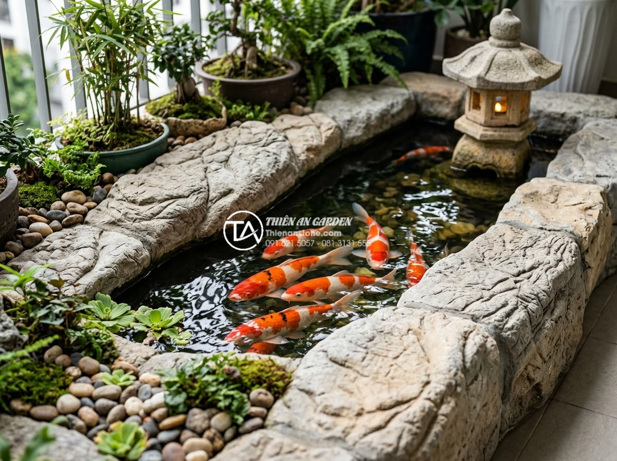 Có nên làm hồ cá Koi mini trên ban công chung cư không? - Hình 2 Có nên làm hồ cá Koi mini trên ban công chung cư không? - Close-up view of vibrant orange and white Koi fish in a compact balcony pond bui