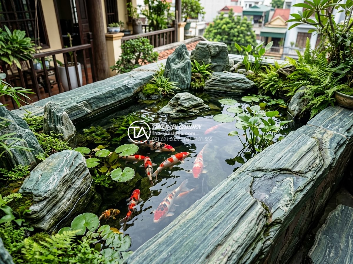 Có nên làm hồ cá Koi mini trên ban công chung cư không? - Hình 20 Có nên làm hồ cá Koi mini trên ban công chung cư không? - Healthy mature Koi fish swimming in crystal clear water of a well-maintained sto