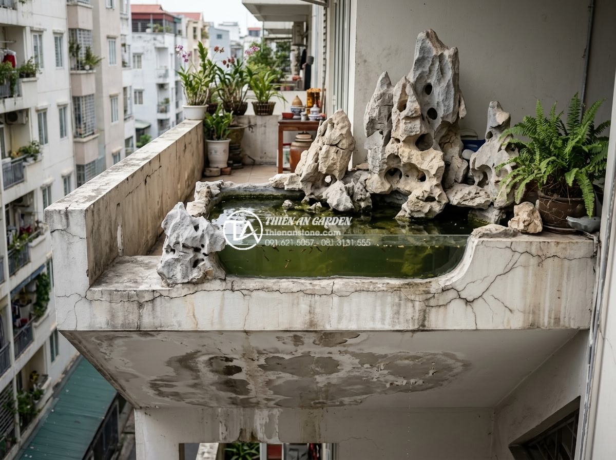 Có nên làm hồ cá Koi mini trên ban công chung cư không? - Hình 3 Có nên làm hồ cá Koi mini trên ban công chung cư không? - Illustration showing potential risks of balcony Koi pond including structural we