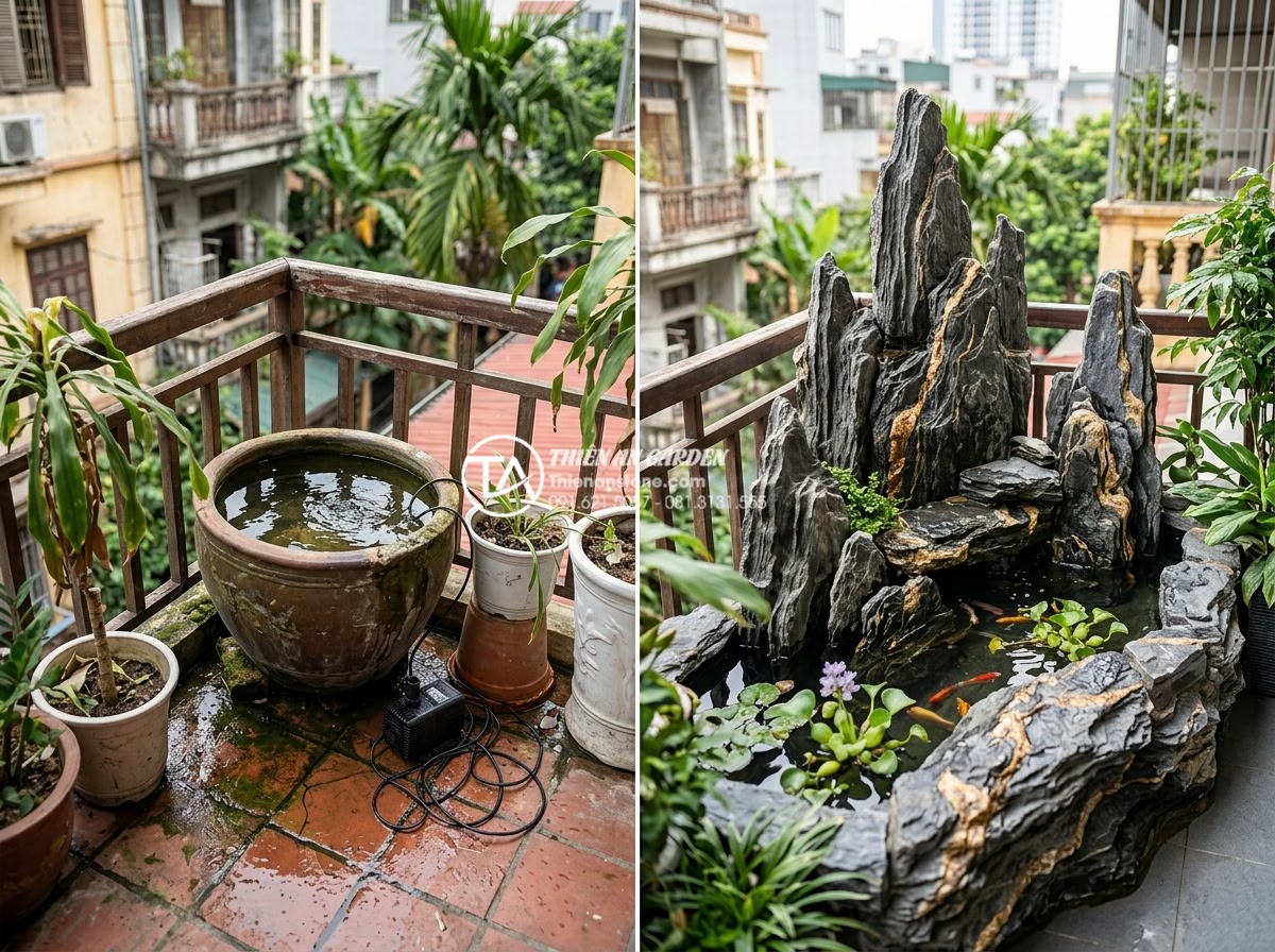 Có nên làm hồ cá Koi mini trên ban công chung cư không? - Hình 4 Có nên làm hồ cá Koi mini trên ban công chung cư không? - Before and after comparison of a risky balcony water feature versus a profession