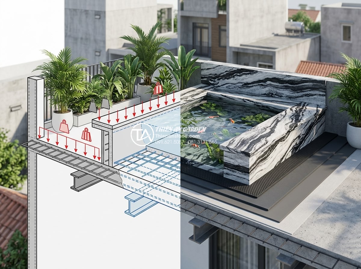 Có nên làm hồ cá Koi mini trên ban công chung cư không? - Hình 5 Có nên làm hồ cá Koi mini trên ban công chung cư không? - Technical diagram of balcony structural assessment for mini Koi pond installatio