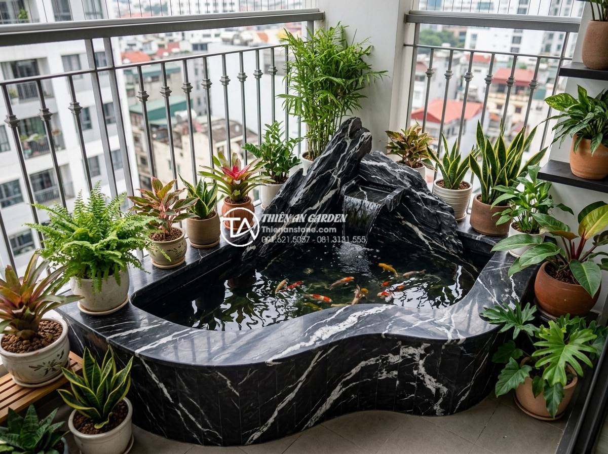 Có nên làm hồ cá Koi mini trên ban công chung cư không? - Hình 7 Có nên làm hồ cá Koi mini trên ban công chung cư không? - Modern minimalist design of mini Koi pond on narrow apartment balcony with curve