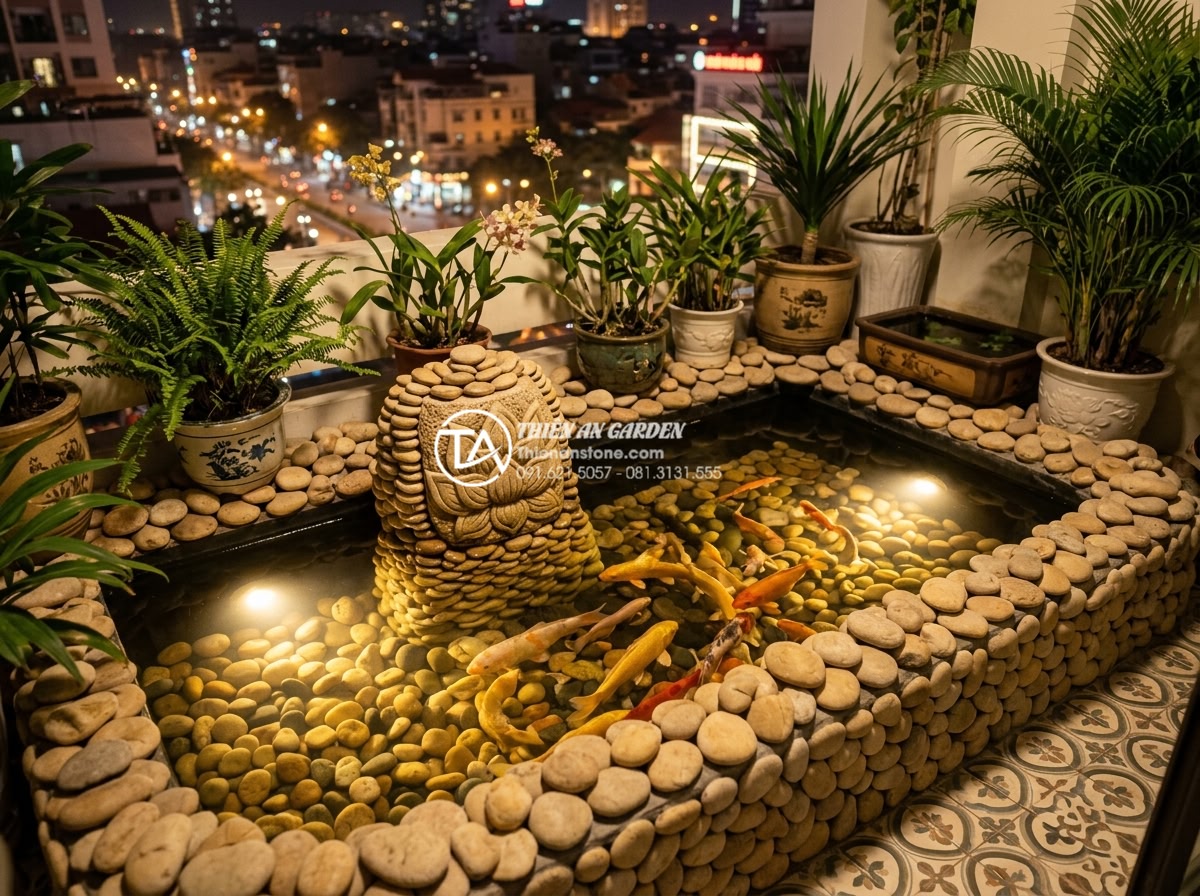 Có nên làm hồ cá Koi mini trên ban công chung cư không? - Hình 8 Có nên làm hồ cá Koi mini trên ban công chung cư không? - Nighttime view of illuminated mini Koi pond on balcony with underwater LED light
