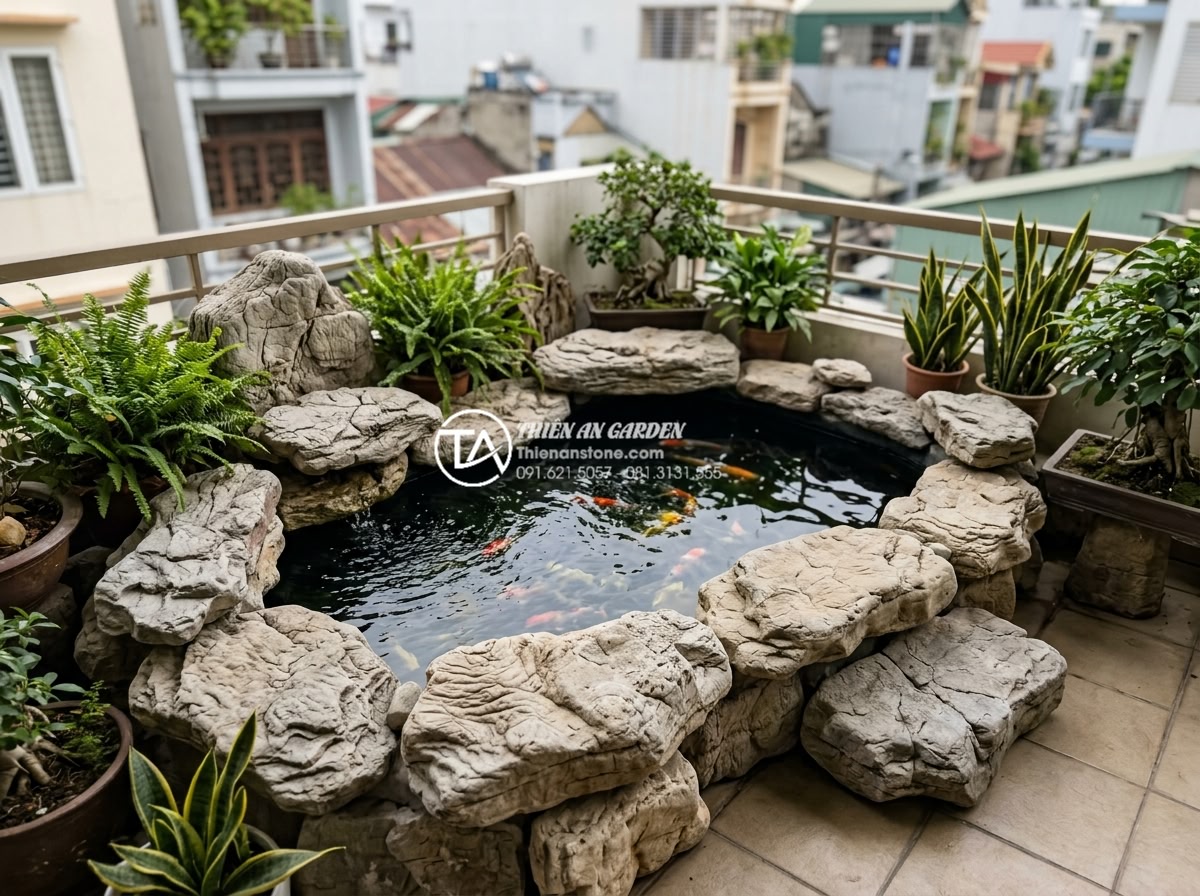 Có nên làm hồ cá Koi mini trên ban công chung cư không? - Hình 9 Có nên làm hồ cá Koi mini trên ban công chung cư không? - High-quality natural granite stones being used as edging and decorative elements