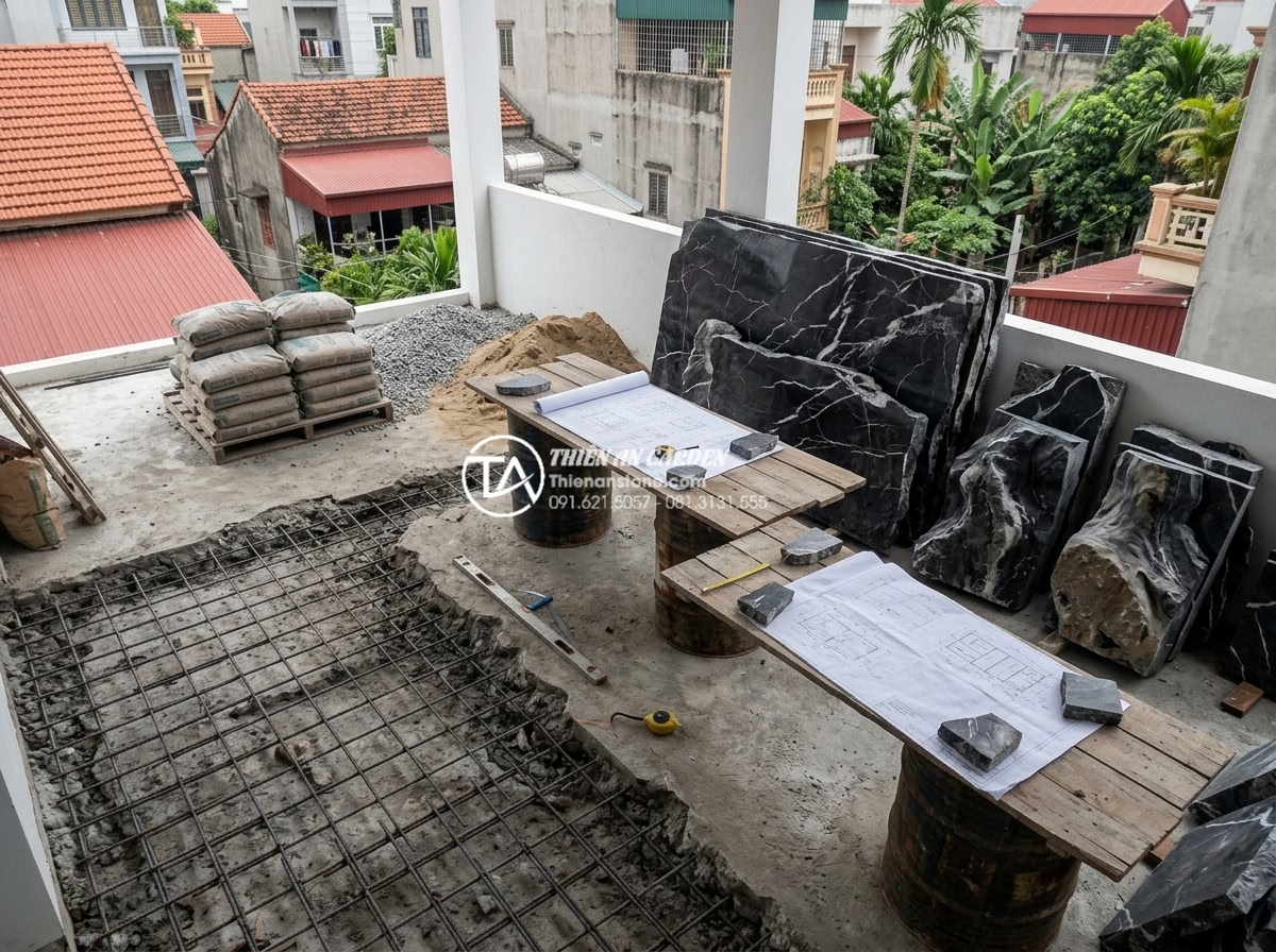Có nên làm hồ cá sân thượng? Lưu ý quan trọng về tải trọng và chống thấm - Engineers measuring and reinforcing terrace floor before building heavy stone fi
