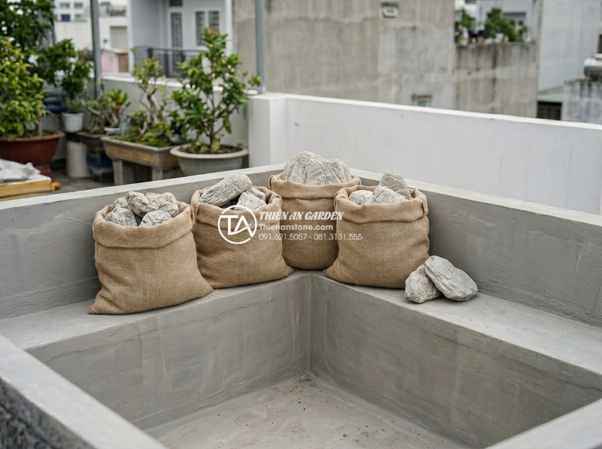 Có nên làm hồ cá sân thượng? Lưu ý quan trọng về tải trọng và chống thấm - Completed waterproofed rooftop koi pond base ready for natural stone decoration 