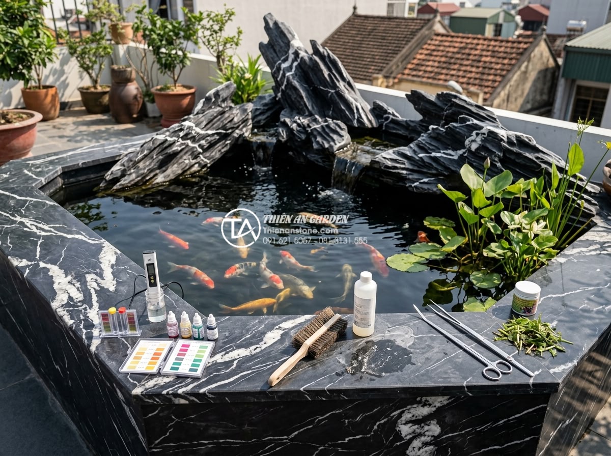 Có nên làm hồ cá sân thượng? Lưu ý quan trọng về tải trọng và chống thấm - Professional maintenance of rooftop koi pond showing water testing, stone cleani