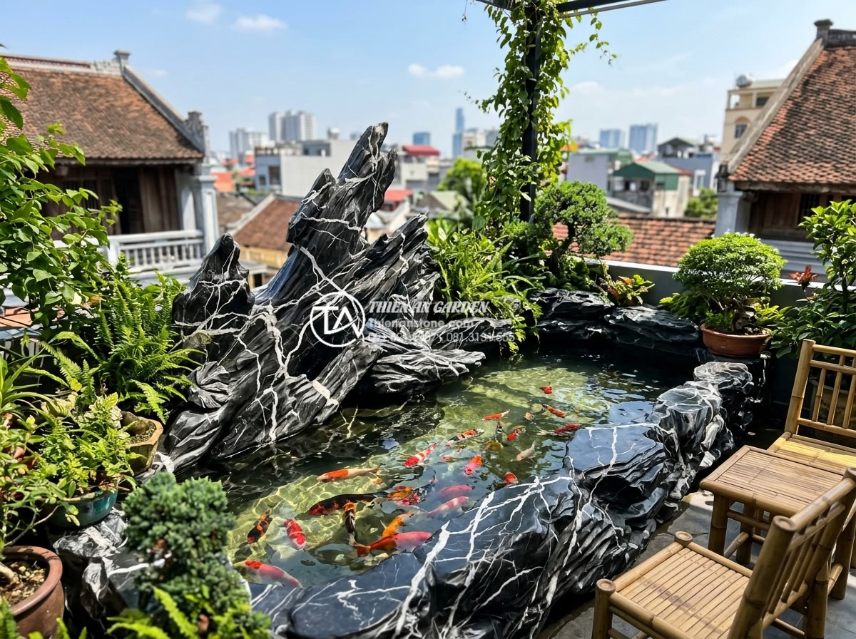Có nên làm hồ cá sân thượng? Lưu ý quan trọng về tải trọng và chống thấm - Family enjoying peaceful moment beside rooftop fish pond decorated with natural 