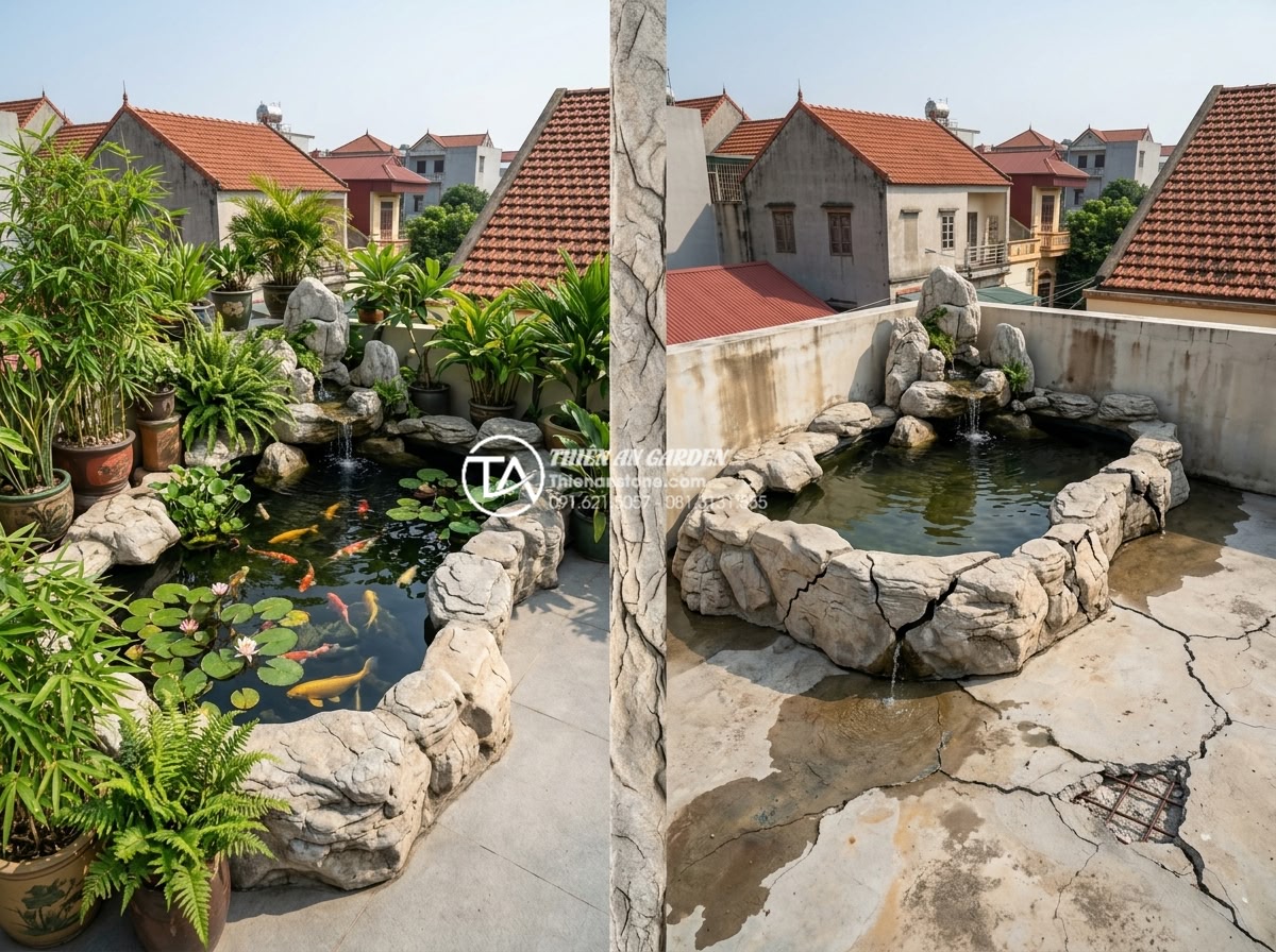 Có nên làm hồ cá sân thượng? Lưu ý quan trọng về tải trọng và chống thấm - Pros and cons comparison illustration of rooftop fish pond showing benefits like