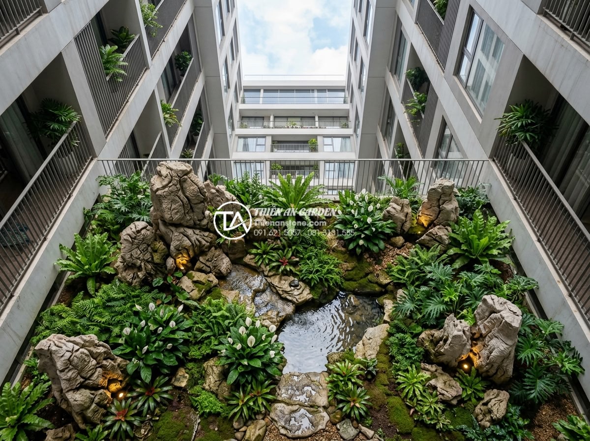 Có nên làm tiểu cảnh giếng trời chung cư? Lưu ý quan trọng từ chuyên gia - Hình 1 Có nên làm tiểu cảnh giếng trời chung cư? Lưu ý quan trọng từ chuyên gia - Photorealistic aerial view of a luxurious small landscape garden inside a modern