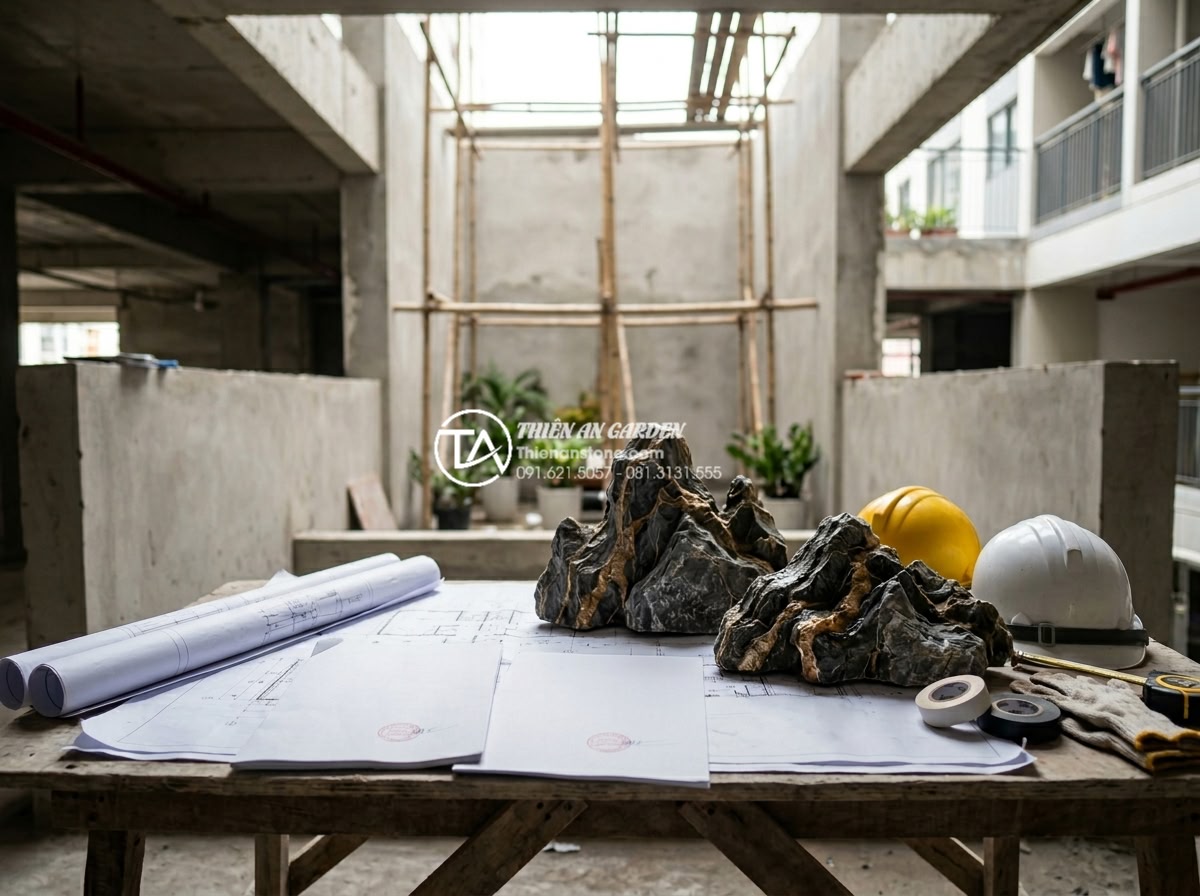 Có nên làm tiểu cảnh giếng trời chung cư? Lưu ý quan trọng từ chuyên gia - Hình 10 Có nên làm tiểu cảnh giếng trời chung cư? Lưu ý quan trọng từ chuyên gia - Professional photo of a construction team reviewing legal permits and safety pla