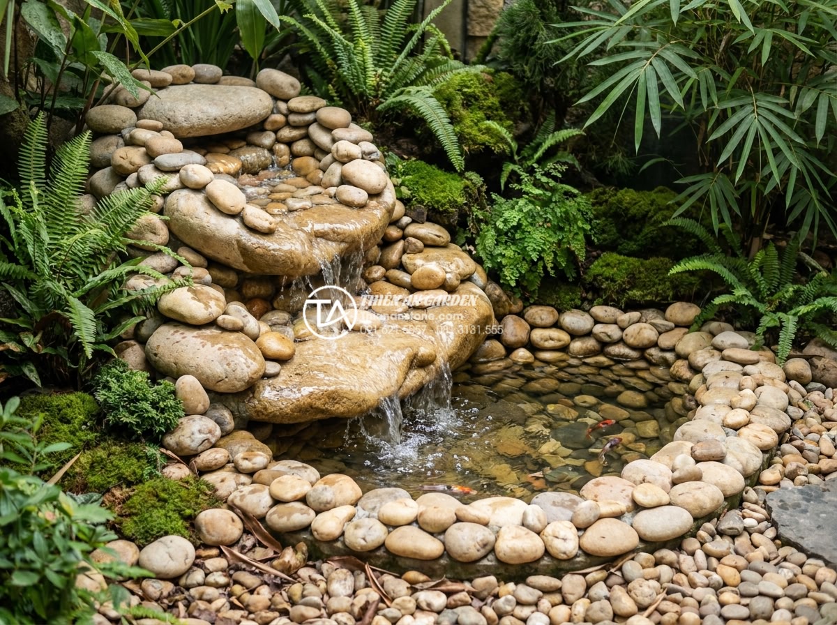 Có nên làm tiểu cảnh thác nước ở góc sân vườn không? Ưu và nhược điểm - Detailed view of a natural stone mini waterfall in a garden corner with cascadin