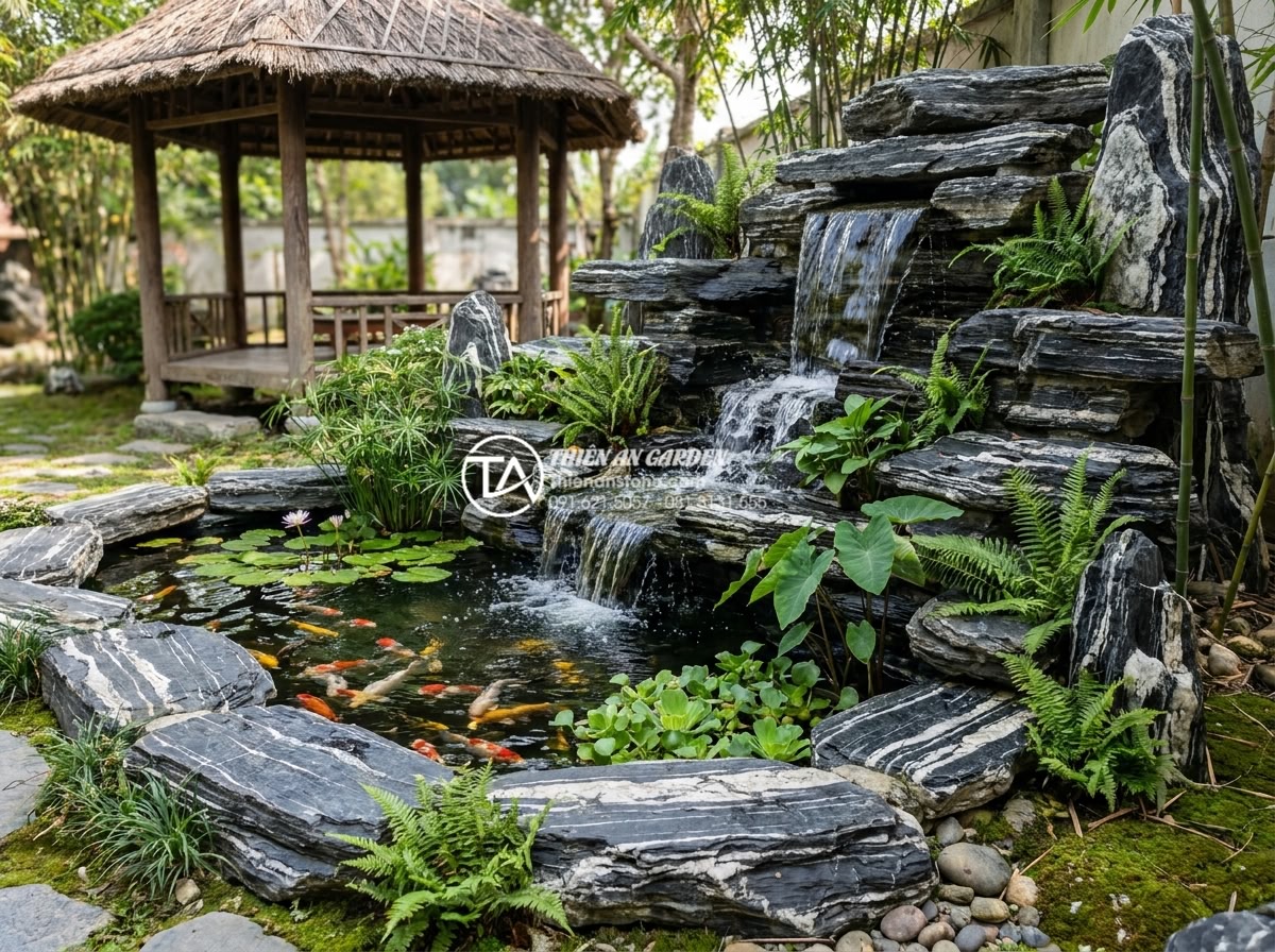 Có nên làm tiểu cảnh thác nước ở góc sân vườn không? Ưu và nhược điểm - Integrated koi pond and waterfall in garden corner with natural stones and aquat