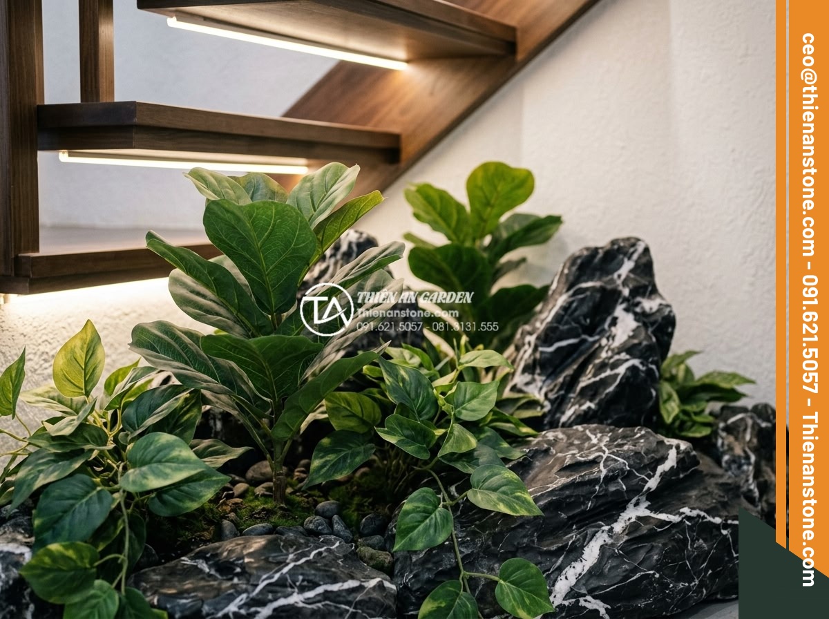Có nên sử dụng cây giả cho tiểu cảnh gầm cầu thang hẹp? Ưu và nhược điểm - Hình 2 Có nên sử dụng cây giả cho tiểu cảnh gầm cầu thang hẹp? Ưu và nhược điểm - Close-up detailed view of premium artificial plants used in under-stair landscap