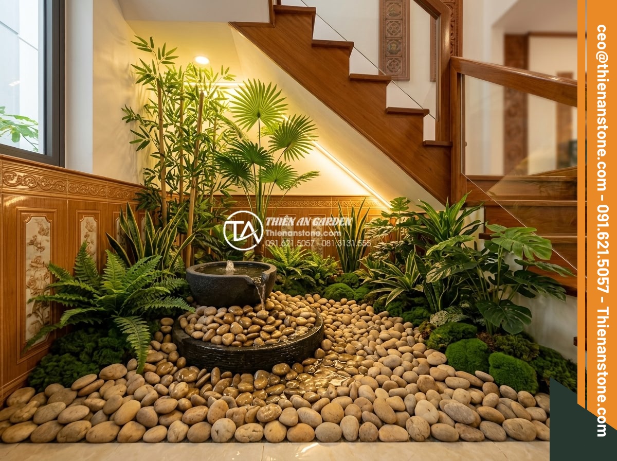 Có nên sử dụng cây giả cho tiểu cảnh gầm cầu thang hẹp? Ưu và nhược điểm - Hình 3 Có nên sử dụng cây giả cho tiểu cảnh gầm cầu thang hẹp? Ưu và nhược điểm - Wide angle photorealistic image of a beautifully designed narrow under-stair art