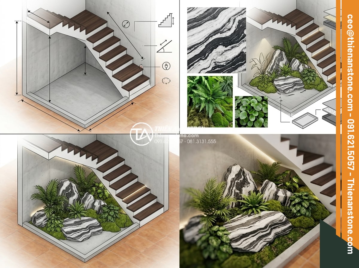 Có nên sử dụng cây giả cho tiểu cảnh gầm cầu thang hẹp? Ưu và nhược điểm - Hình 7 Có nên sử dụng cây giả cho tiểu cảnh gầm cầu thang hẹp? Ưu và nhược điểm - Step-by-step professional design rendering of a narrow under-stair artificial la