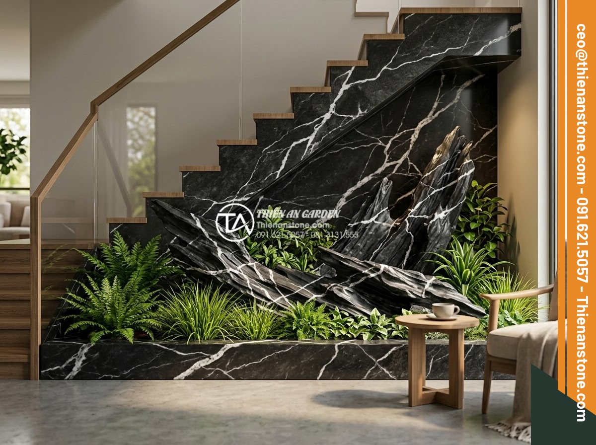 Có nên sử dụng cây giả cho tiểu cảnh gầm cầu thang hẹp? Ưu và nhược điểm - Hình 9 Có nên sử dụng cây giả cho tiểu cảnh gầm cầu thang hẹp? Ưu và nhược điểm - Serene lifestyle image of a family enjoying a beautifully designed under-stair a