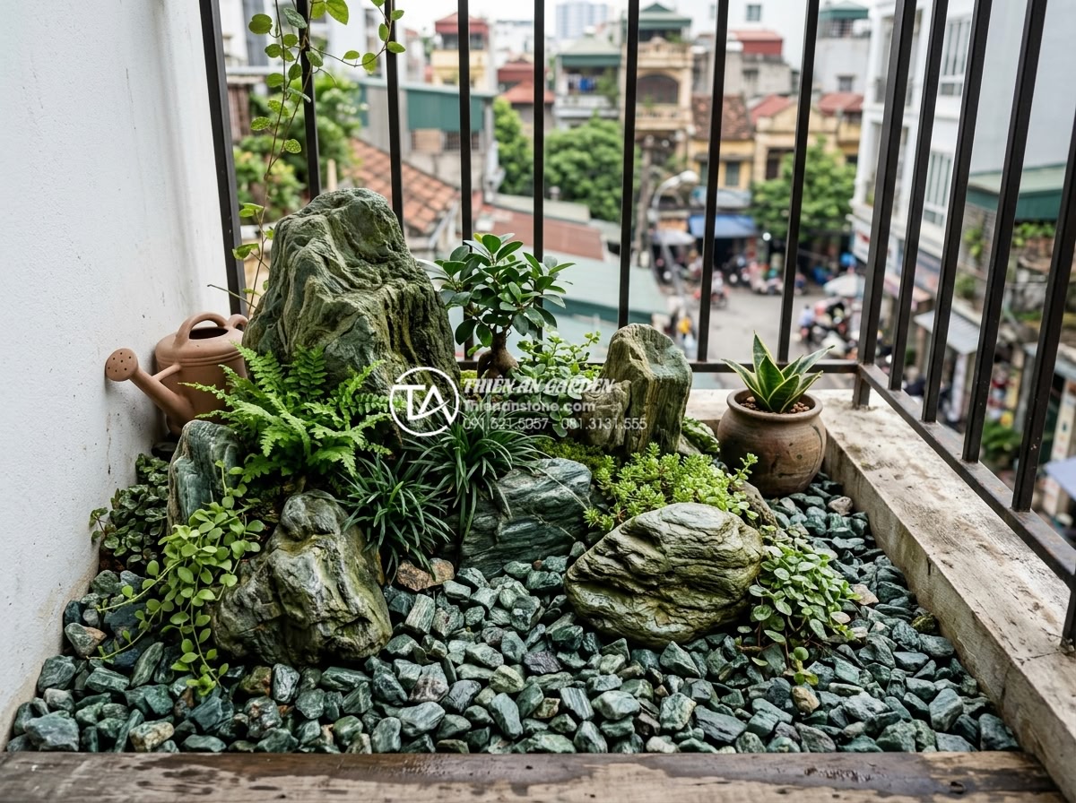 Địa chỉ mua đá tự nhiên và sỏi trang trí ban công uy tín tại Hà Nội & TPHCM - Beautiful small balcony mini garden design using natural stones gravel and plant