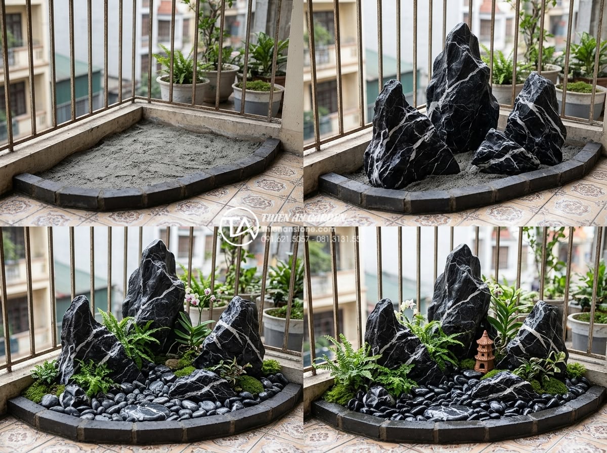 Địa chỉ mua đá tự nhiên và sỏi trang trí ban công uy tín tại Hà Nội & TPHCM - Step-by-step guide illustration of designing a small balcony rock garden with de