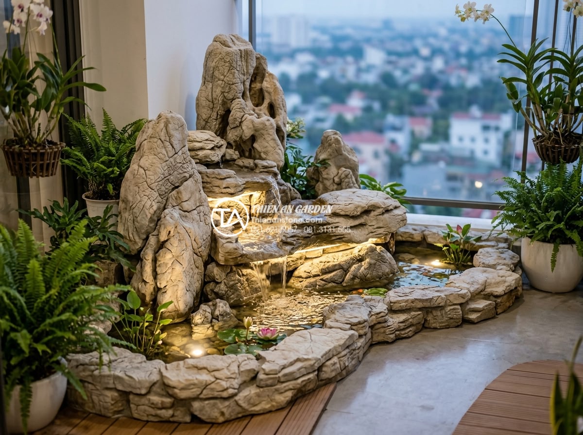 Địa chỉ mua đá tự nhiên và sỏi trang trí ban công uy tín tại Hà Nội & TPHCM - Completed professional balcony stone decoration project with lighting and water 