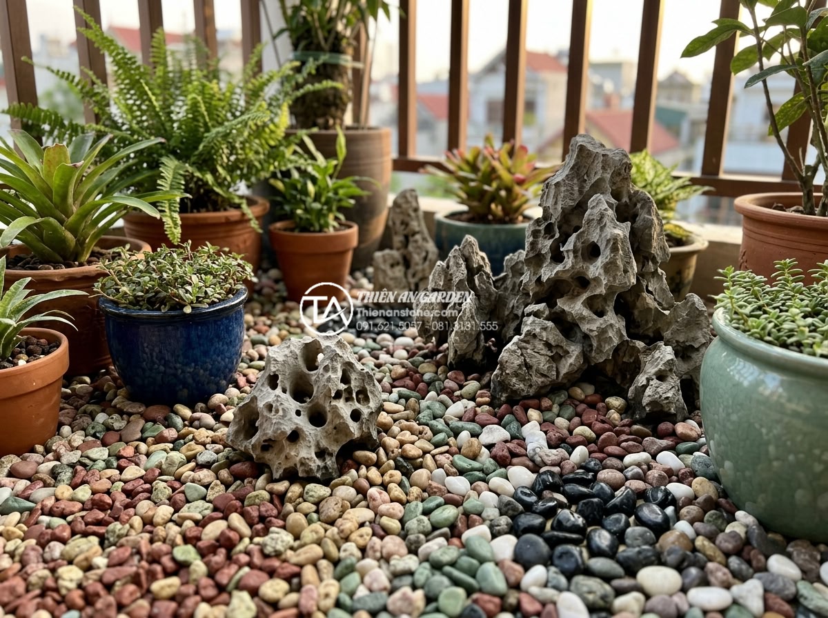 Địa chỉ mua đá tự nhiên và sỏi trang trí ban công uy tín tại Hà Nội & TPHCM - Detailed closeup of decorative gravel and pebbles in various colors arranged aro