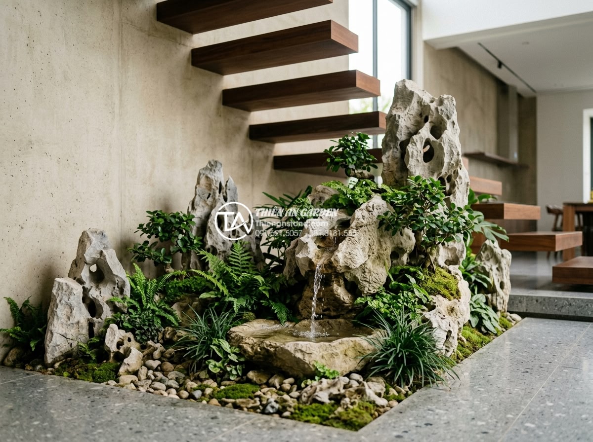 Dự toán chi phí duy trì và bảo dưỡng tiểu cảnh gầm cầu thang hàng tháng - Close-up view of an elegant natural stone under-stair landscape featuring carved