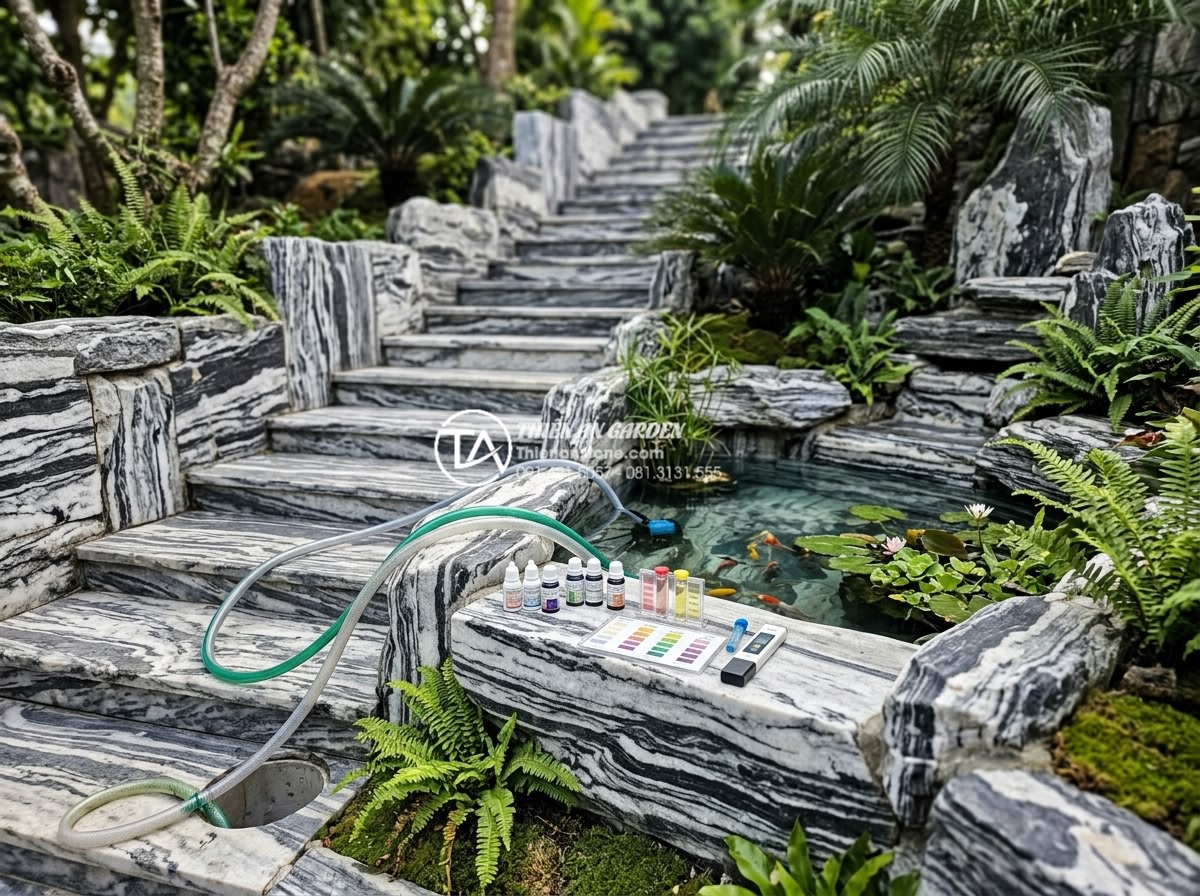 Dự toán chi phí duy trì và bảo dưỡng tiểu cảnh gầm cầu thang hàng tháng - Water quality testing and replacement process for small Koi pond integrated in s
