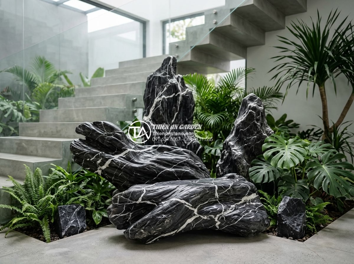 Dự toán chi phí duy trì và bảo dưỡng tiểu cảnh gầm cầu thang hàng tháng - Polishing and surface treatment of artistic stone elements in staircase bottom l