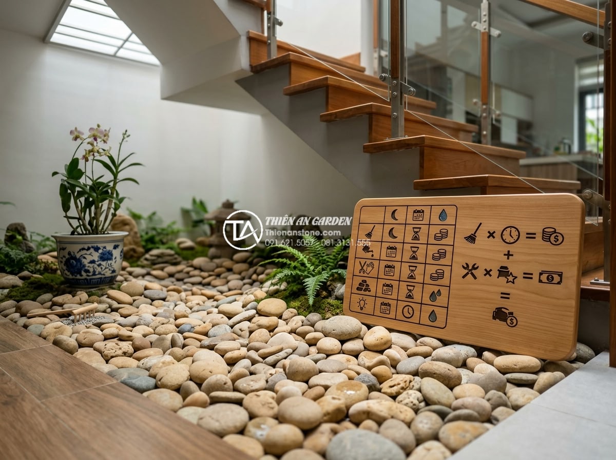 Dự toán chi phí duy trì và bảo dưỡng tiểu cảnh gầm cầu thang hàng tháng - Detailed cost calculation table and formula illustration for monthly maintenance
